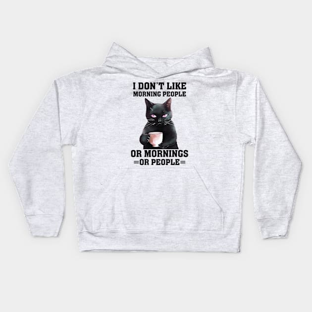 Funny Black Cat Drinking Coffee Kids Hoodie by Queen of the Minivan